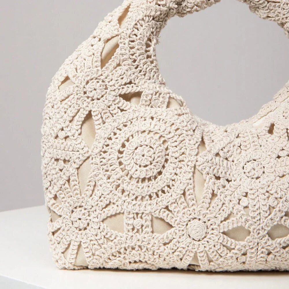 Apricot Boho Women's Hollow Floral Woven Bag